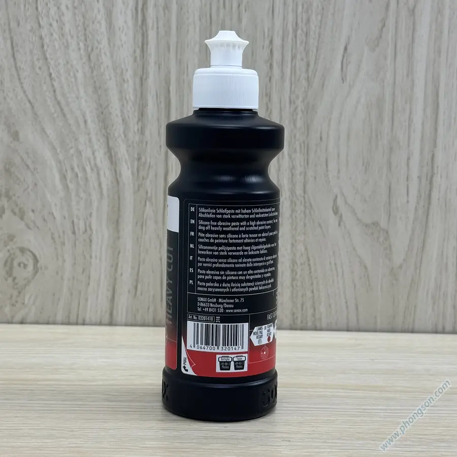 Sonax SP 06-02 Chất đánh bóng mài mòn mạnh để phục hồi lớp sơn bị trầy xước và phong hóa nặng. Loại bỏ vết trầy do phân chim, côn trùng, nhựa cây, tạp chất, sương màu và dấu vết chà nhám. Loại bỏ vết chà nhám từ giấy nhám P1200.